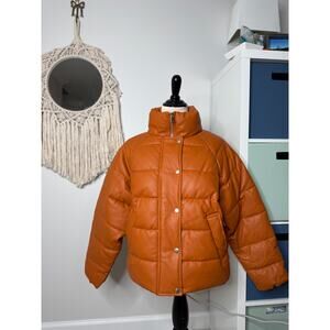 NA-KD Cognac Brown Orange Faux Leather PU Padded Jacket Bomber Puffer Coat 36/S